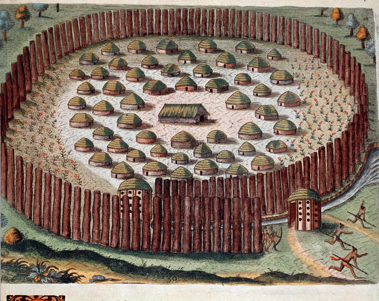 تاريخ أمريكا: "" تمثيل قرية هندية محصنة في فلوريدا "" نقش من "" Admirante Narratio Americae "" بقلم ثيودور دي بري (1528-1598) بواسطة تيودور دي بري