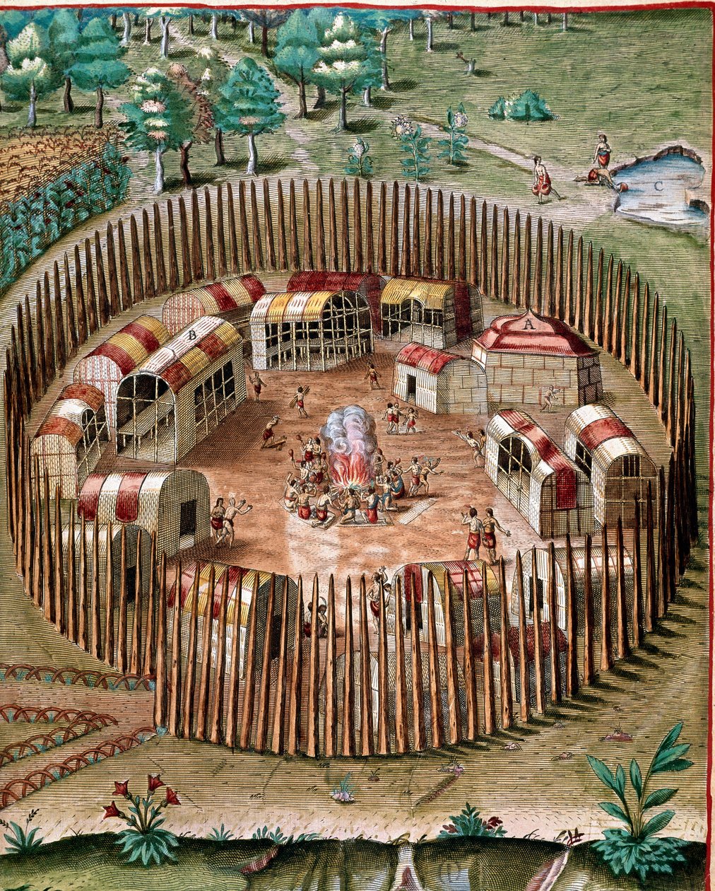 تاريخ أمريكا: "" تمثيل المدينة المحصنة Pomeiock أو Pomeiooc في فيرجينيا عام 1585 "" "نقش من" "Admirante Narratio Americae" "" بقلم تيودور دي بري (1528-1598) بواسطة تيودور دي بري