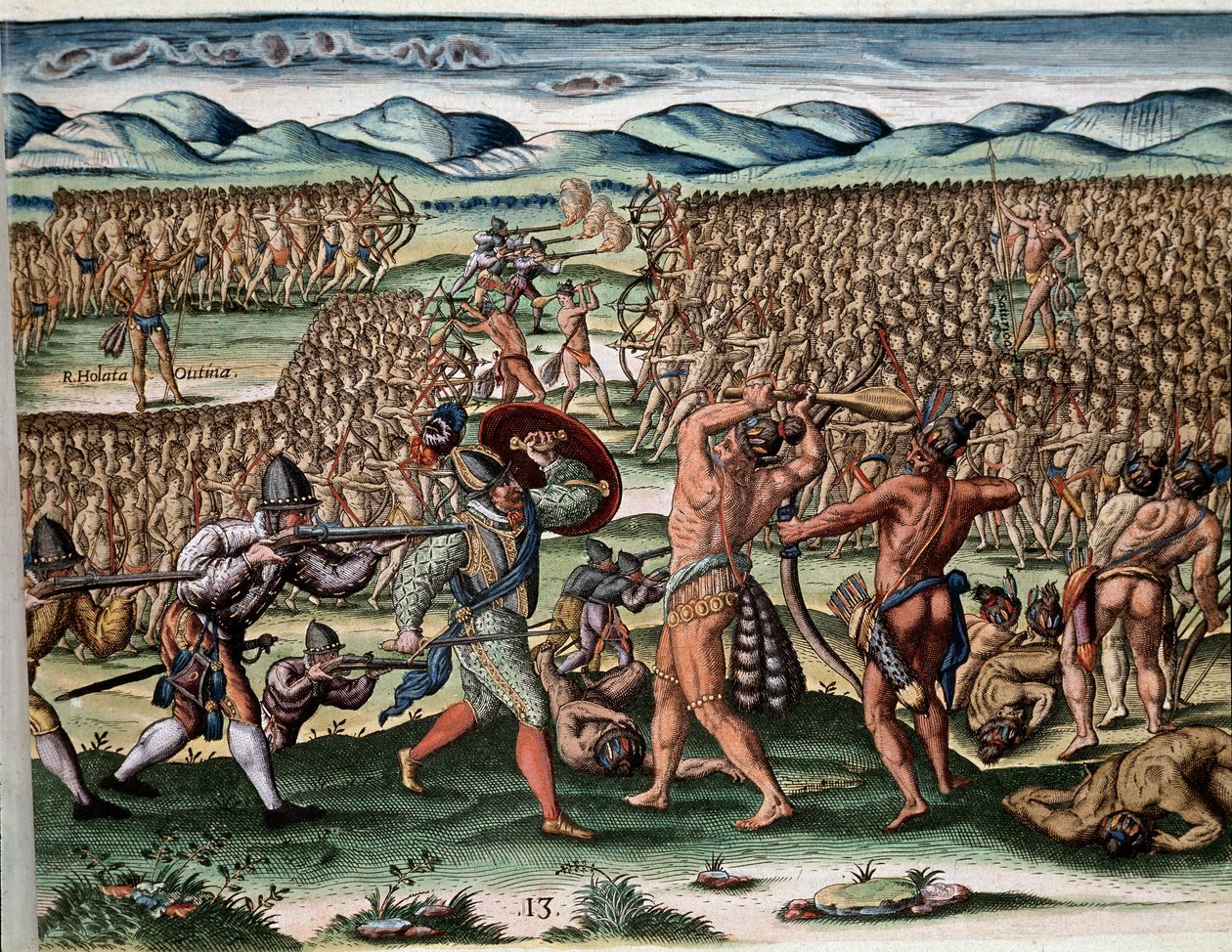 تاريخ أمريكا: "" جنود Chief Outina (أو Olata Utina) يقاتلون ، باستخدام الفرنسيين من حملة Jean Ribault (أو Ribaut) ، قبائل Potanou المعادية "" "نقش من" Admirante Narratio Americae "" (التاريخ من الأمريكتين) بواسطة تيو بواسطة تيودور دي بري