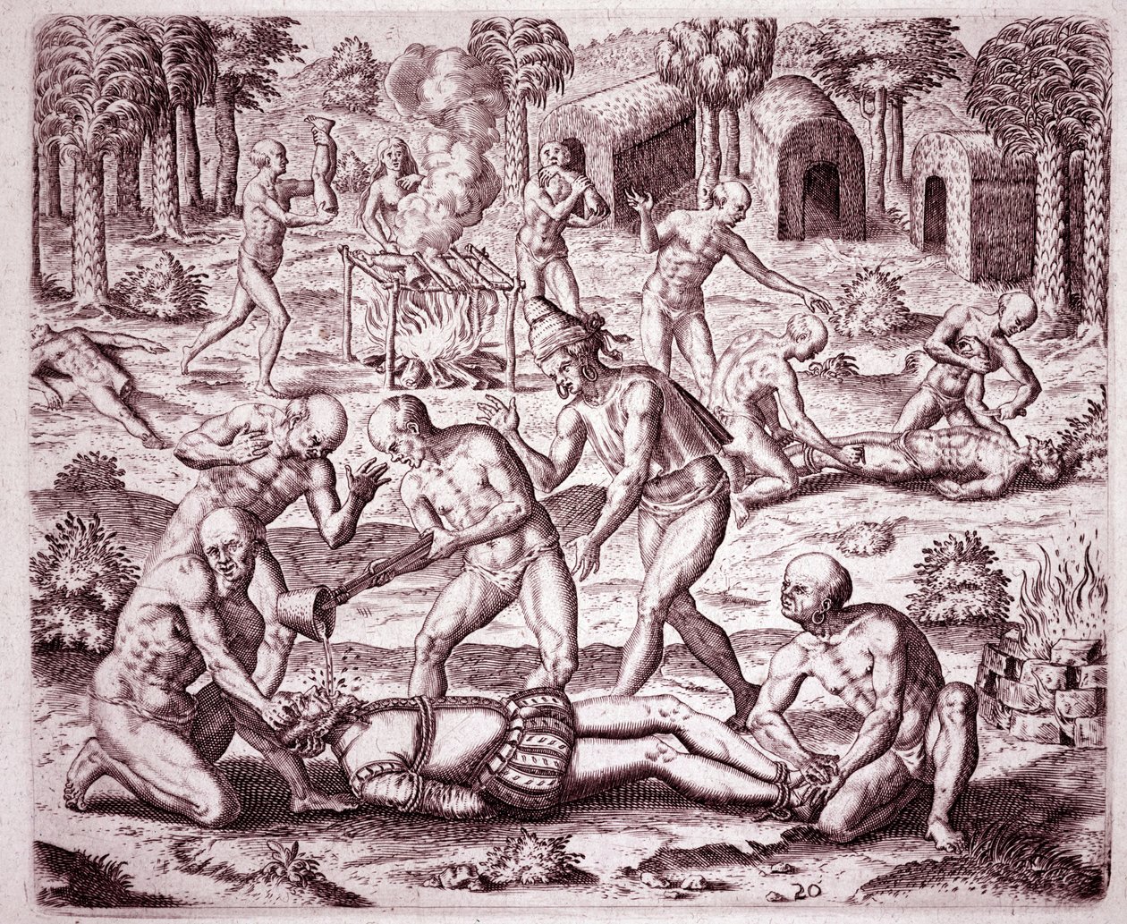 تاريخ أمريكا: وصف للتعذيب الذي مارسه الهنود على المستوطنين الإسبان ، وسكب الذهب في أفواههم وقطع أعضائهم لأكلهم (نقش) بواسطة تيودور دي بري