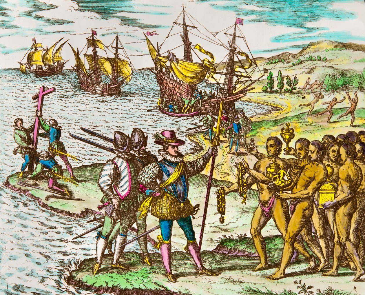 تاريخ أمريكا: المستكشف كريستوفر كولومبوس (1451-1506) رحب به الهنود عند وصوله إلى العالم الجديد "" نقش لثيودور دي بري (1528-1598) نقش من القرن السادس عشر بواسطة تيودور دي بري