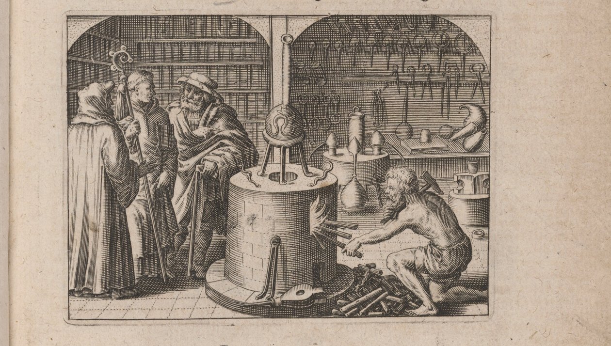 رسم إيضاحي لـ Tripvs avrevs ، أي الأكثر تحديدًا .. الجزء الكيميائيون ، 1618 بواسطة تيودور دي بري
