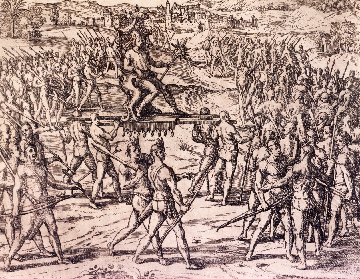 هزم إمبراطور الإنكا أتاهوالبا على يد فرانسيسكو بيزارو (1475-ca 1541) القوات الإسبانية ، بيرو ، نقش من التاريخ الأمريكي بواسطة ثيودور دي بري (1528-1598) ، فرانكفورت بواسطة تيودور دي بري