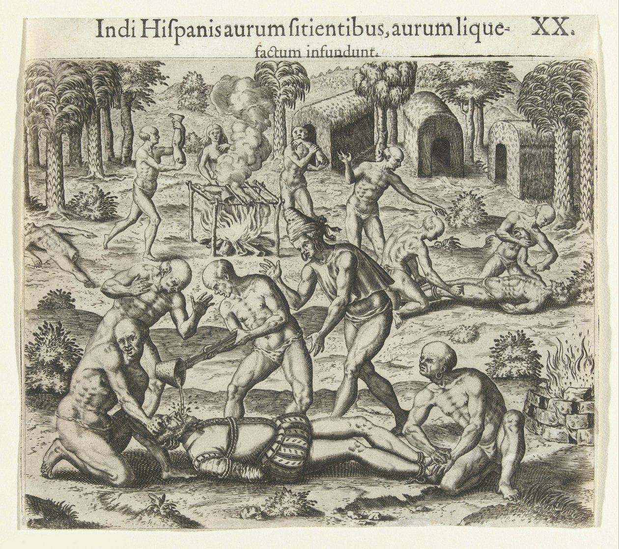 يسكب الهنود الذهب السائل في فم الإسباني ، 1594. بواسطة تيودور دي بري