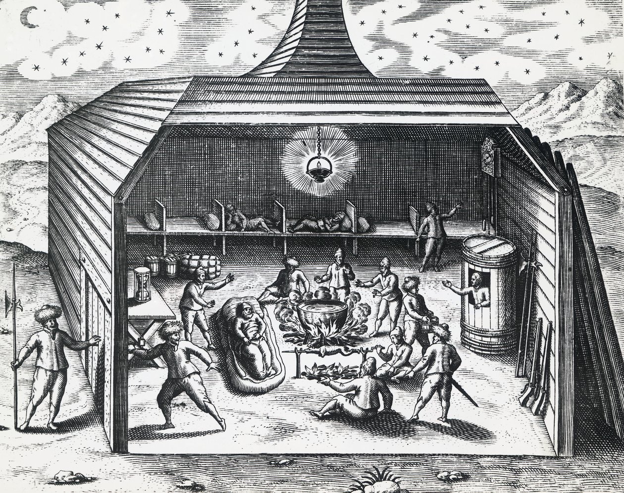 الجزء الداخلي لمنزل ويليام بارنتس (حوالي 1550-1597) الشتوي في أرخبيل نوفايا زيمليا الروسي ، بقلم تيودور دي بري (1528-1598) ، نقش بواسطة تيودور دي بري