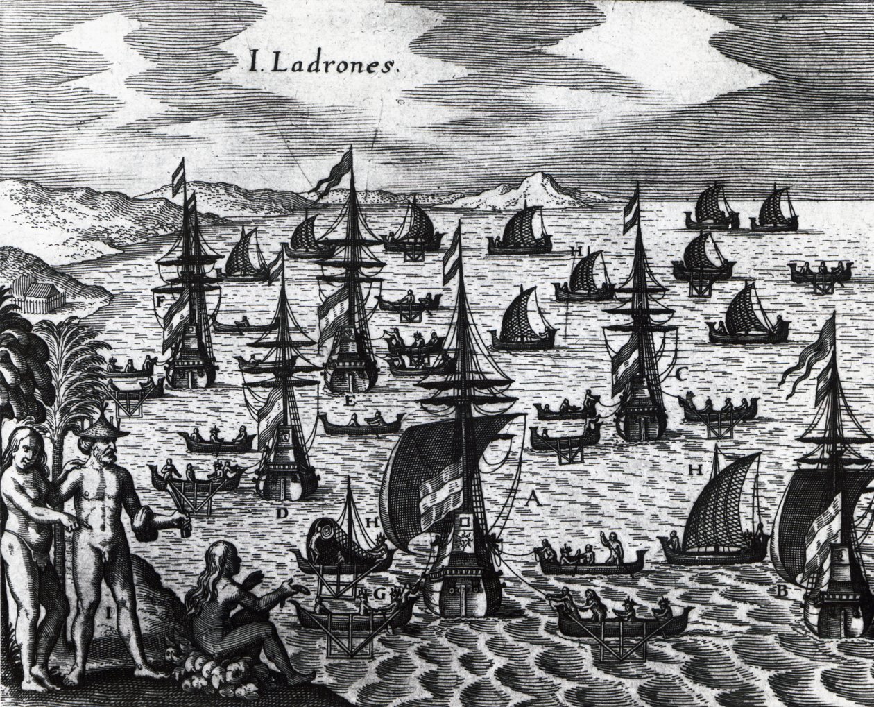 Islands of Thieves (Islas de los Ladrones, today Marianas islands), engraving from Peregrinationes, by Theodor de Bry (1528-1598). 16th century بواسطة تيودور دي بري
