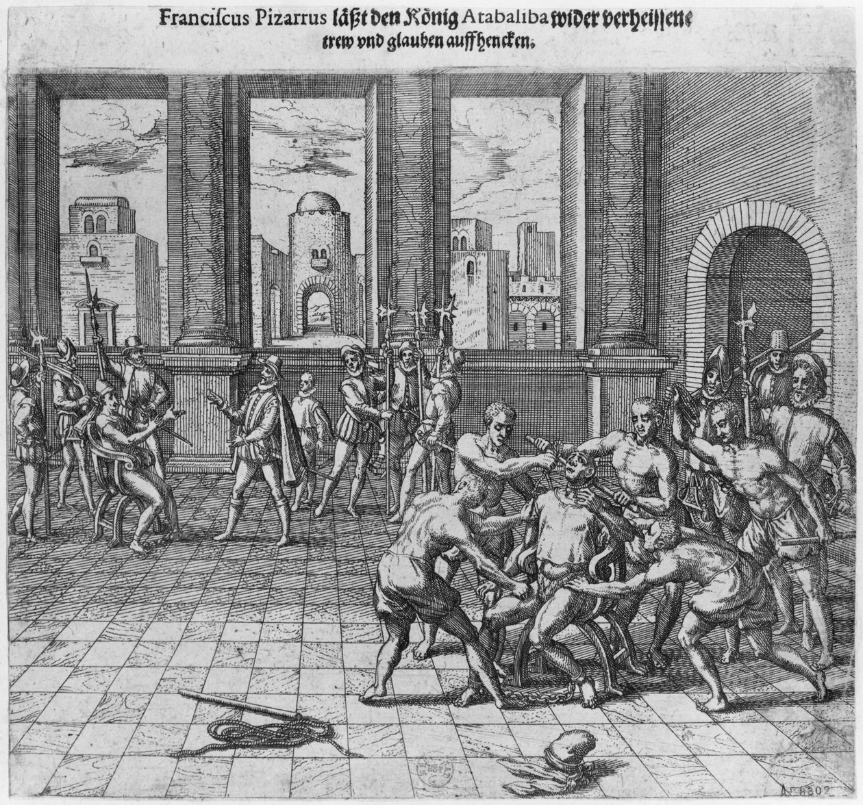 أعدم الملك أتاهوالبا (حوالي 1502-33) في كاخاماركا بأمر من فرانسيسكو بيزارو ، 1533 بواسطة تيودور دي بري