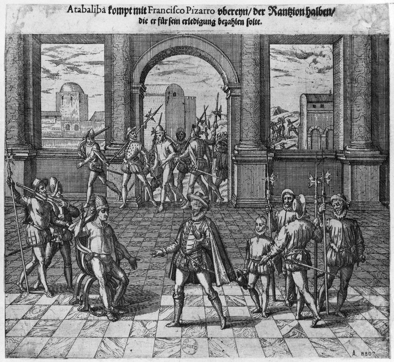 الملك أتاهوالبا (c.1502-33) يعالج فديته مع فرانسيسكو بيزارو ، 1533 (النقش) (وزن الصورة) بواسطة تيودور دي بري