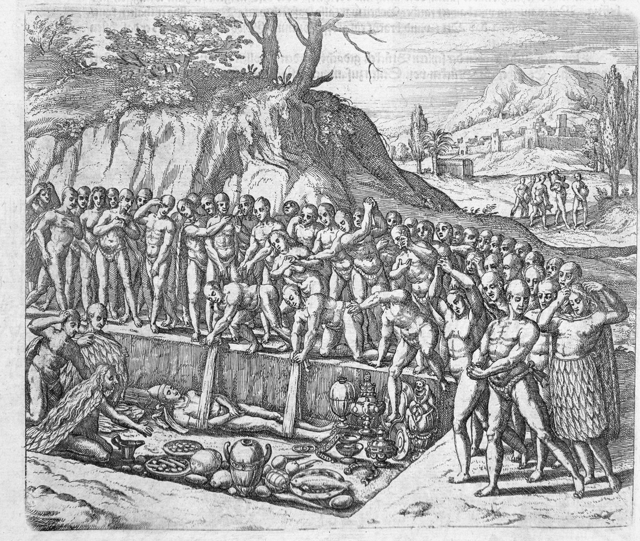 طريقة دفن ملوك بيرو ونبلهم من حساب جيرولامو بينزوني لغزو بيرو ، من "Newe Welt und Americanische Historien" بقلم يوهان لودفيج جوتفريد ، نشره Mattaeus بواسطة تيودور دي بري