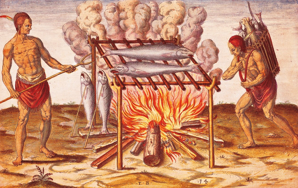 يعيش السكان الأصليون: كيف يطبخ الهنود السمك ، رسم توضيحي من Admiranda Narratio بقلم ثيودور دي بري بواسطة تيودور دي بري