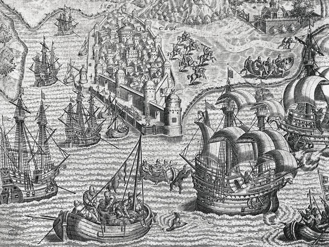 معركة بحرية ، نقش من التاريخ الأمريكي لثيودور دي بري (1528-1598) ، فرانكفورت بواسطة تيودور دي بري