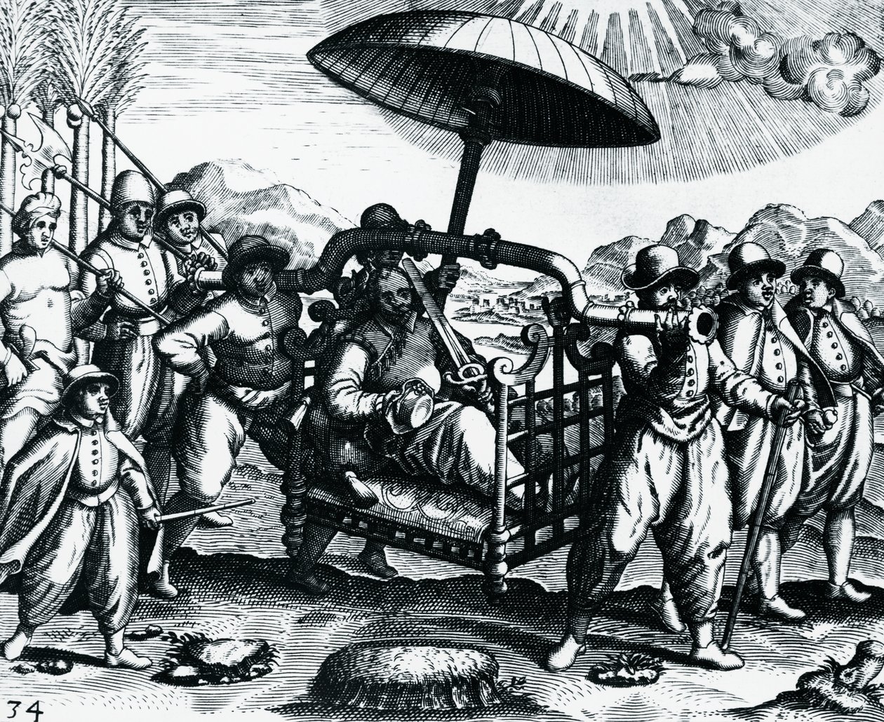 البرتغالية في الهند ، يتم نقلها على القمامة ، نقش من Peregrinationes ، بواسطة تيودور دي بري (1528-1598) ، الهند بواسطة تيودور دي بري