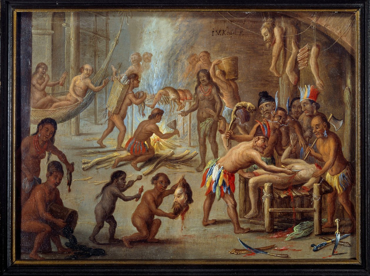 مشهد أكل لحوم البشر في البرازيل عام 1644 التهم الهنود أعدائهم وسجناءهم. لوحة رسمها جان فان كيسيل ديت لو فيو (1626-1679) (ec.flam.) من رسم توضيحي لرحلات ثيودور دي بري إلى البرازيل. الشمس. 0،18x0،24 م لاروشيل ، متحف د بواسطة تيودور دي بري