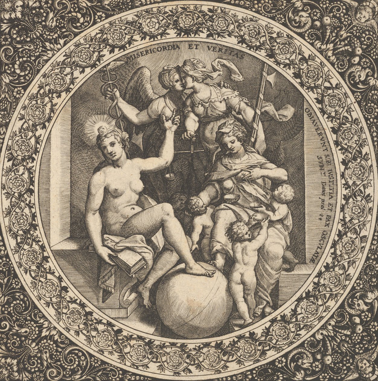 مشهد مع Misericordia و Veritas in a Circle at Center ، 1580-1600. بواسطة تيودور دي بري