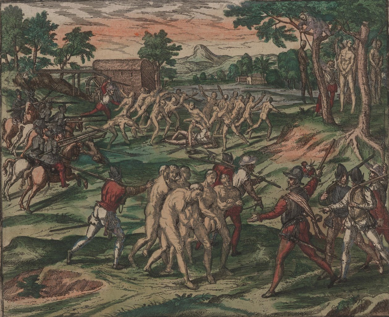 حاول العبيد التغلب على أصحابهم الإسبان ، ولكن تم أسرهم وتعليقهم من الأشجار ، 1595. بواسطة تيودور دي بري