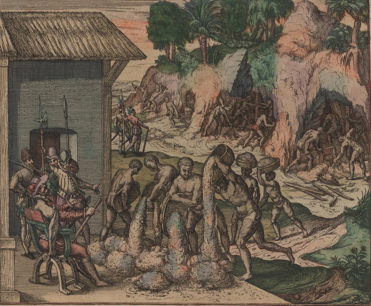 يسكب العبيد الخام أمام الجنود الأوروبيين. في الخلفية ، يعمل العبيد في المناجم ، 1595. بواسطة تيودور دي بري