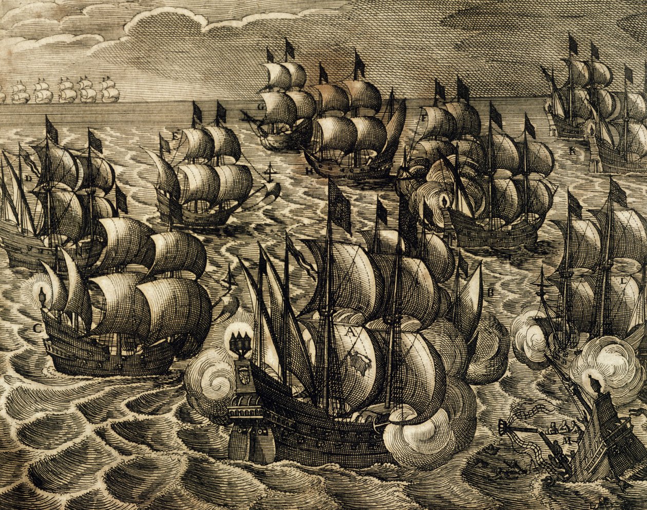 قيادة الأسطول الإسبانية لرودريجو ميندوزا ، نقش لثيودور دي بري (1528-1598) مأخوذ من تاريخ أمريكا بواسطة ثيودور دي بري ، إسبانيا ، 1602 بواسطة تيودور دي بري