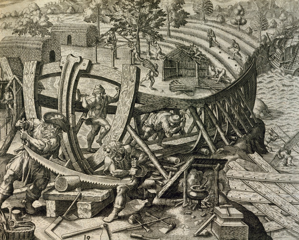 Spanish seamen building caravel, engraving from Historia Americae, by Theodor de Bry (1528-1598) بواسطة تيودور دي بري