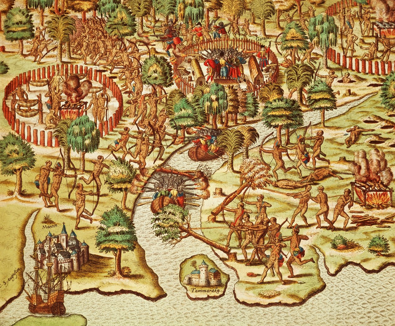 تقنيات الحصار والهجوم ، نقش لثيودور دي بري (1528-1598) ، من Americae tertia pars بواسطة تيودور دي بري