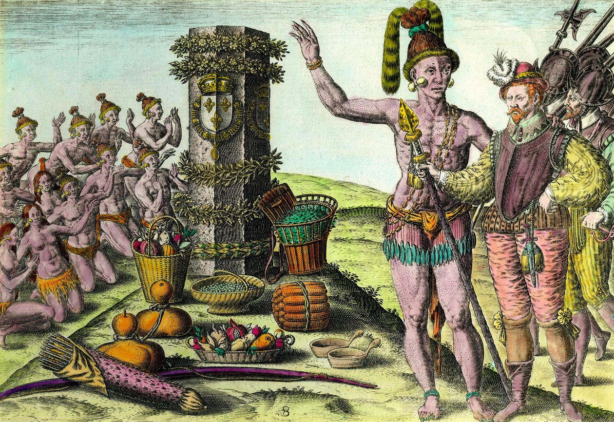 جاء أهل فلوريدا في العمود الذي قام به الملاح الفرنسي جان ريبولت (1520-1565) من أول رحلة استكشافية إلى فلوريدا نقش من "تاريخ أمريكا" بقلم تيودور دي بري (1528-1598) مجموعة خاصة من القرن السادس عشر بواسطة تيودور دي بري
