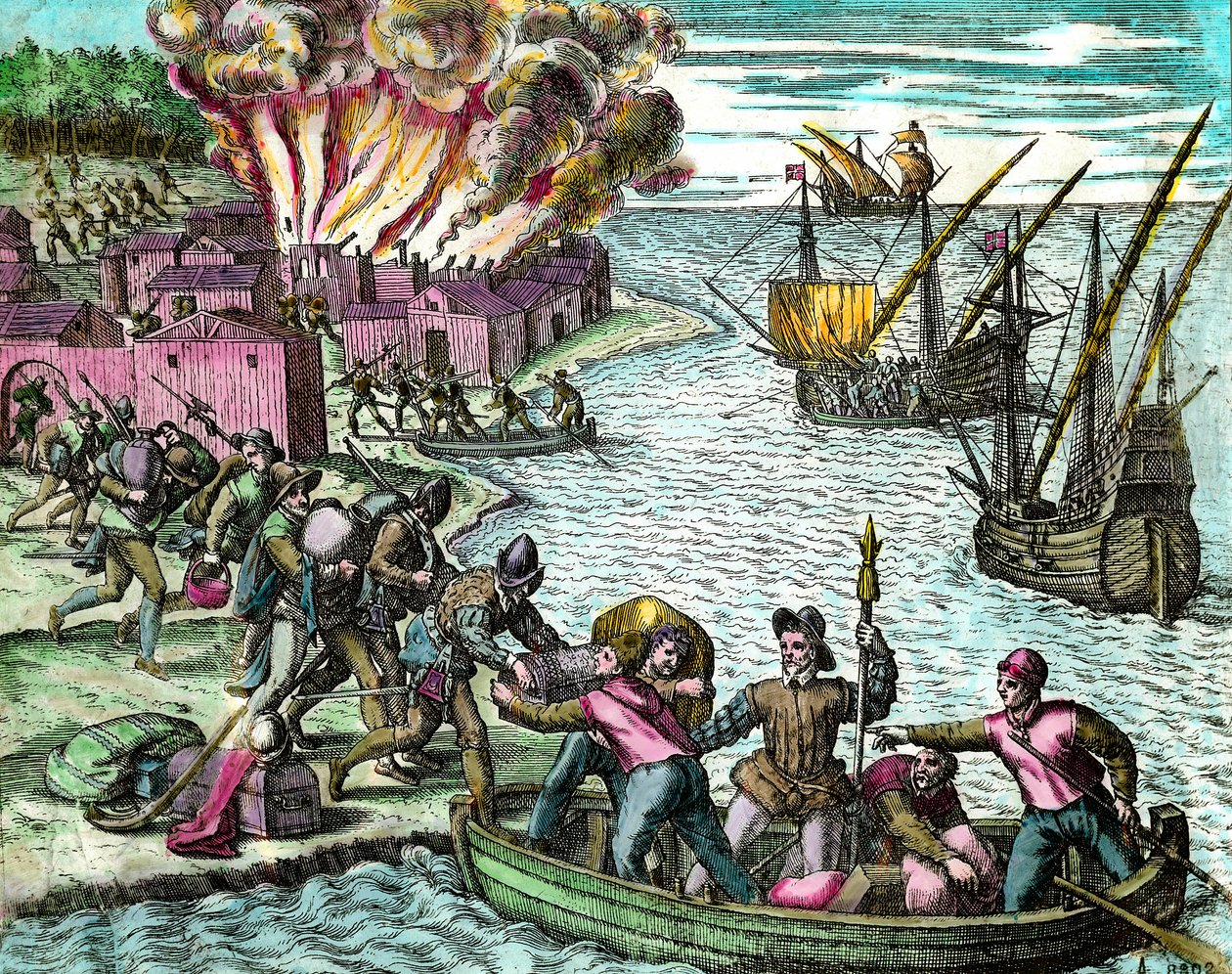 النهب الفرنسي وحرق مدينة تشيورران نقش من "تاريخ أمريكا" بقلم تيودور دي بري (1528-1598) مجموعة خاصة من القرن السادس عشر بواسطة تيودور دي بري
