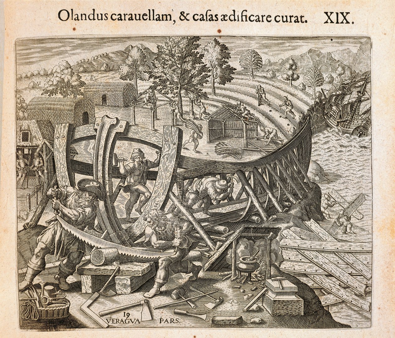 قام الإسبان ببناء أول سفينة لهم في العالم الجديد ، نقشًا بواسطة ثيودور دي بري (1528-1598) من أمريكا بواسطة تيودور دي بري