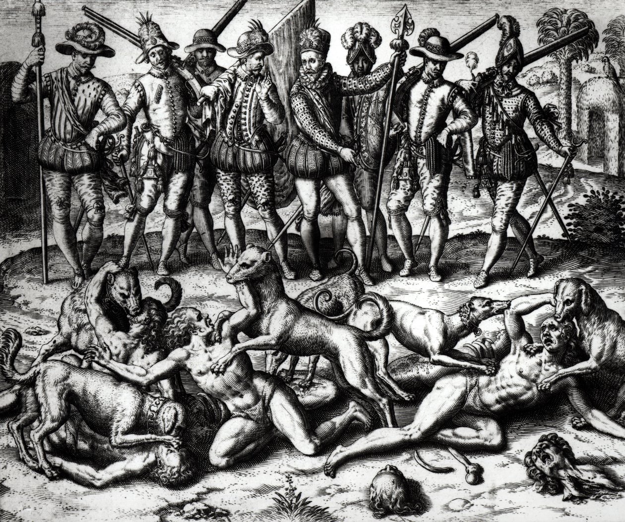 تهاجم كلاب فاسكو نونيز دي بالبوا (1475-1571) الهنود بواسطة تيودور دي بري