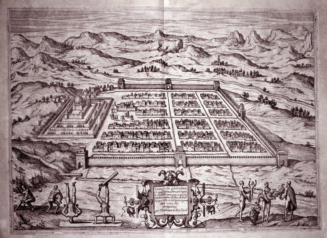 منظر لمدينة الإنكا كوزكو ، بيرو (Engraving بواسطة تيودور دي بري