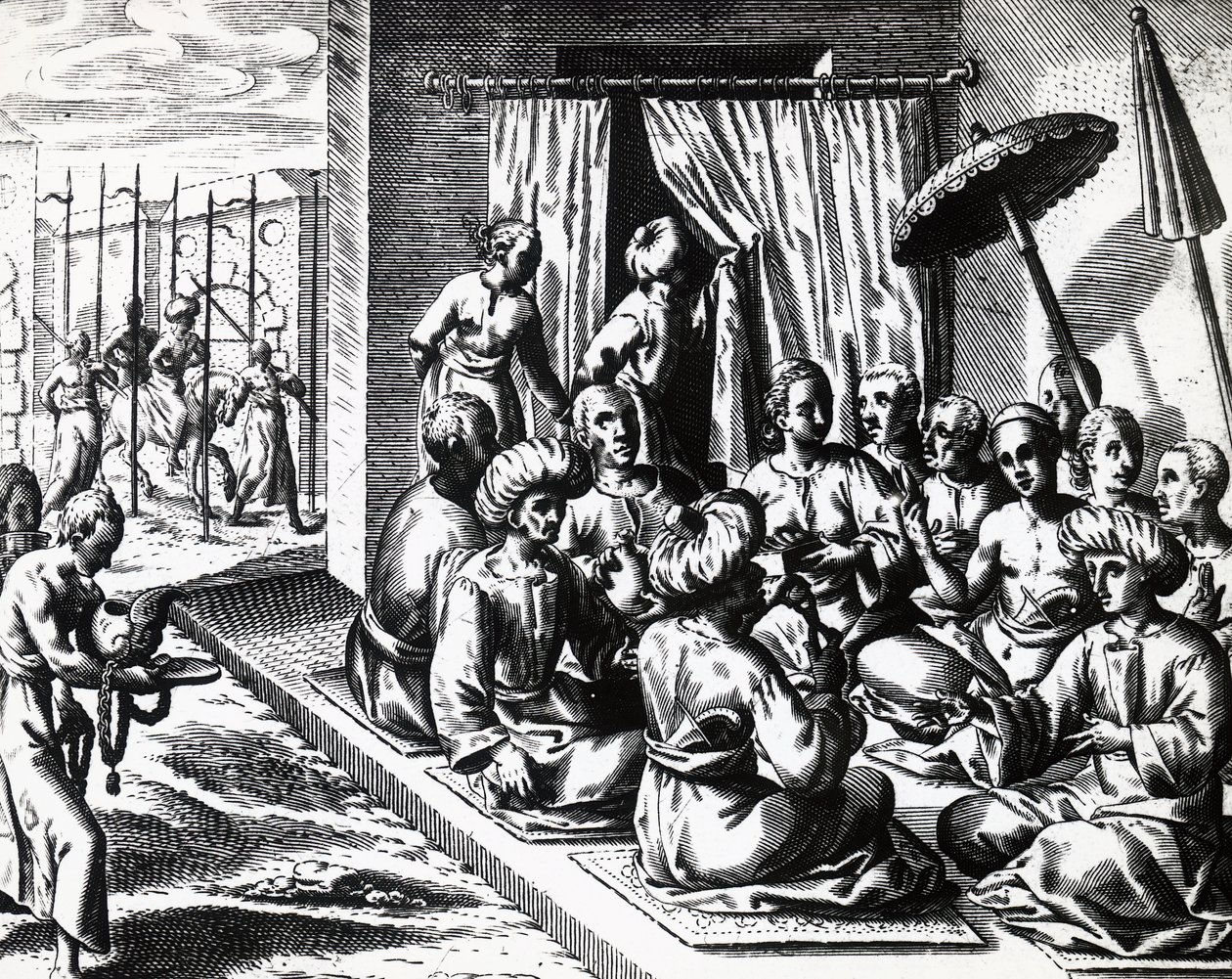 حفل زفاف في بانتام ، جزيرة جاوة ، بواسطة تيودور دي بري (1528-1598). نقش بواسطة تيودور دي بري