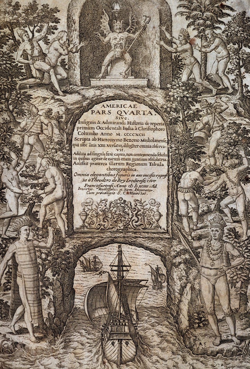 جزر الهند الغربية أو أمريكا ، بقلم تيودور دي بري (1528-1598) ، واجهة الكتاب ، نقش بواسطة تيودور دي بري