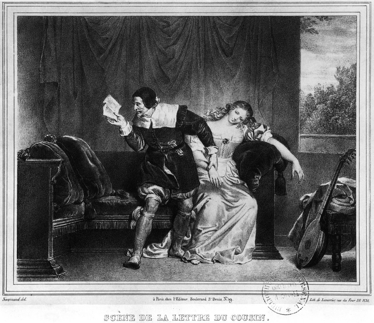 مشهد لرسالة ابن عم ، رسم توضيحي من "حلاق إشبيلية" بقلم بيير أوجوستين كارون دي بومارشيه (1732-1997) منقوش بواسطة ألفريد ليون ليميرسييه (القرن التاسع عشر) بواسطة Theophile Evariste Fragonard