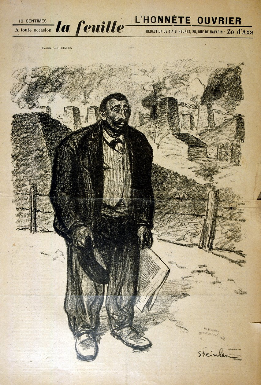 رسم لعامل مصنع فقير ضد مشهد صناعي ، بقلم ألكسندر شتاينلين (1859-1923) ، رسام وطباعة فرنسي من مواليد سويسرا. بواسطة ثيوفيل الكسندر شتاينلين