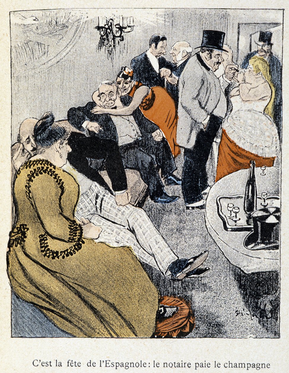 Filles et Marlous: إنه عيد الأسبان: كاتب العدل يدفع ثمن الشمبانيا - في "Dans la vie" ، بقلم شتاينلين 1901 (نفس الرسم مثل رقم 27695) بواسطة ثيوفيل الكسندر شتاينلين