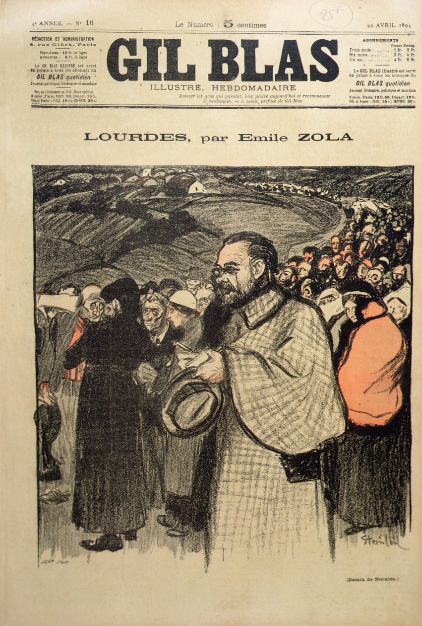 الغلاف الأمامي لـ "Gil Blas" الذي يحتوي على الجزء الأول من "Lourdes" بواسطة Emile Zola (1840-1902) 1894 (color litho) بواسطة ثيوفيل الكسندر شتاينلين