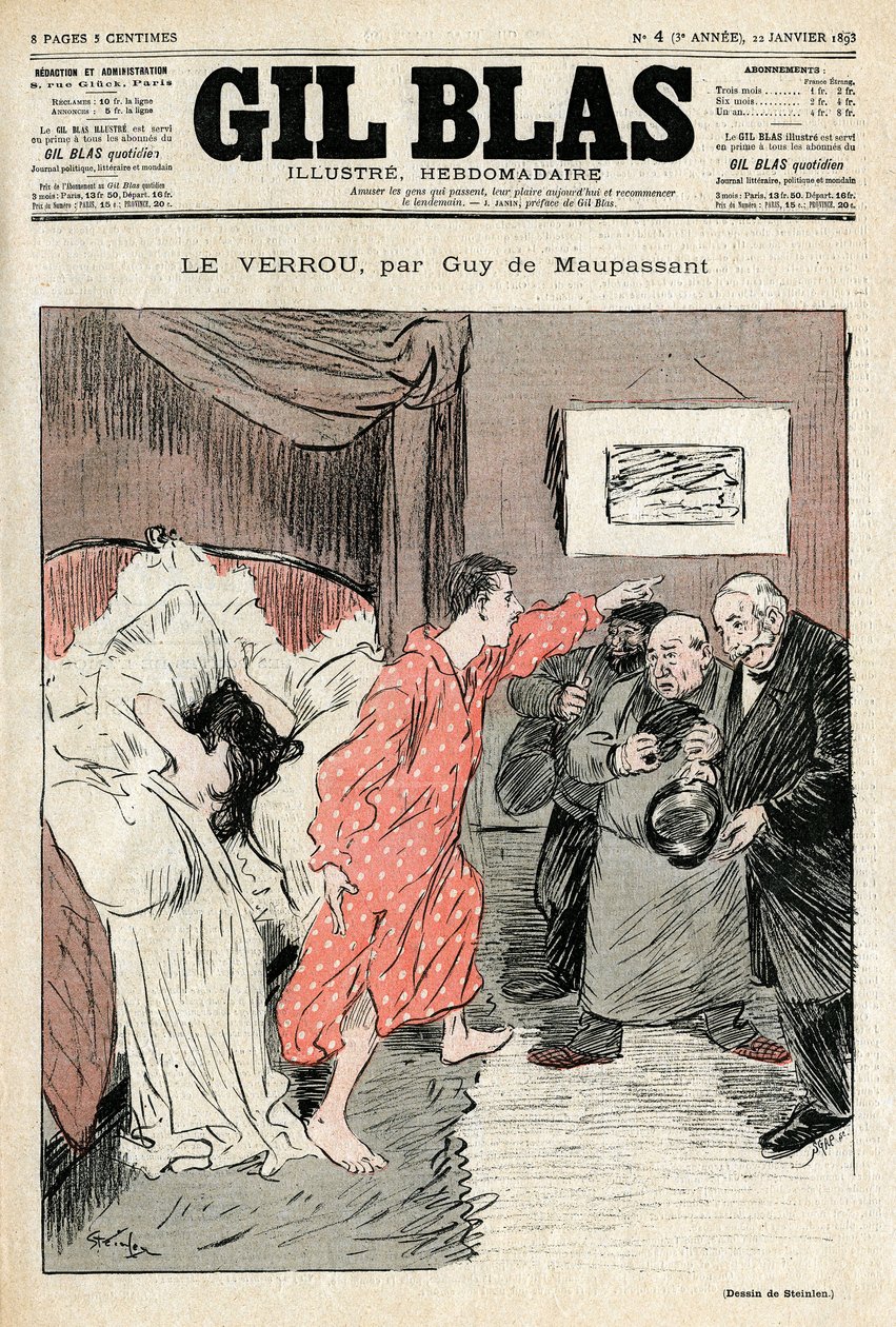 رسم توضيحي من Steinlen للقصة القصيرة لـ Guy de Maupassant "" القفل "". زوجان غير شرعيين يقعان في حب عاطفي كامل - زانية ، مفاجأة. غلاف جيل بلاس رقم 4 ، 22 يناير بواسطة ثيوفيل الكسندر شتاينلين