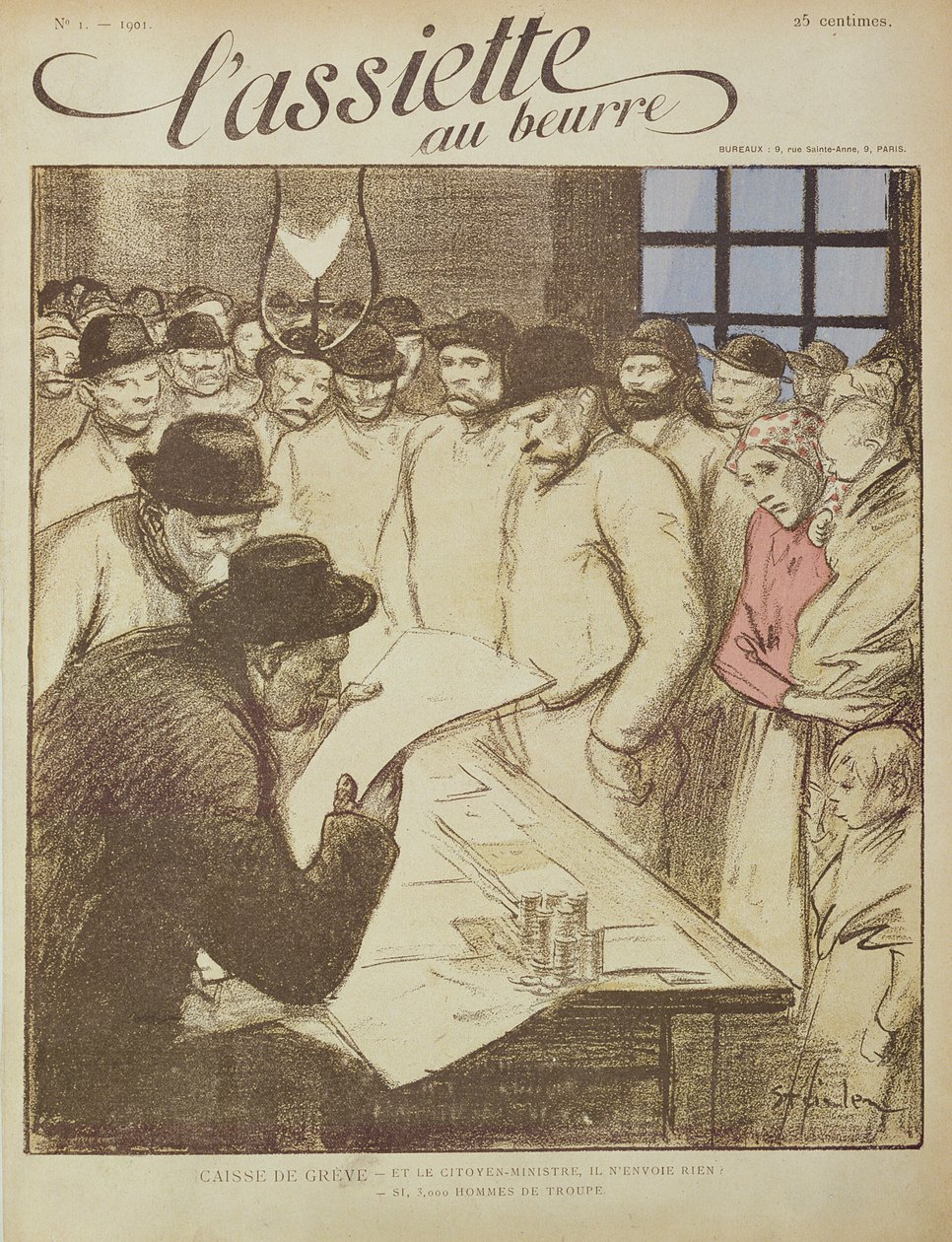 "La Caisse de Greve" ، رسم كاريكاتوري من الإصدار الأول لمجلة L'Assiette au Beurre ، باريس 1901 (لون ليثو) بواسطة ثيوفيل الكسندر شتاينلين