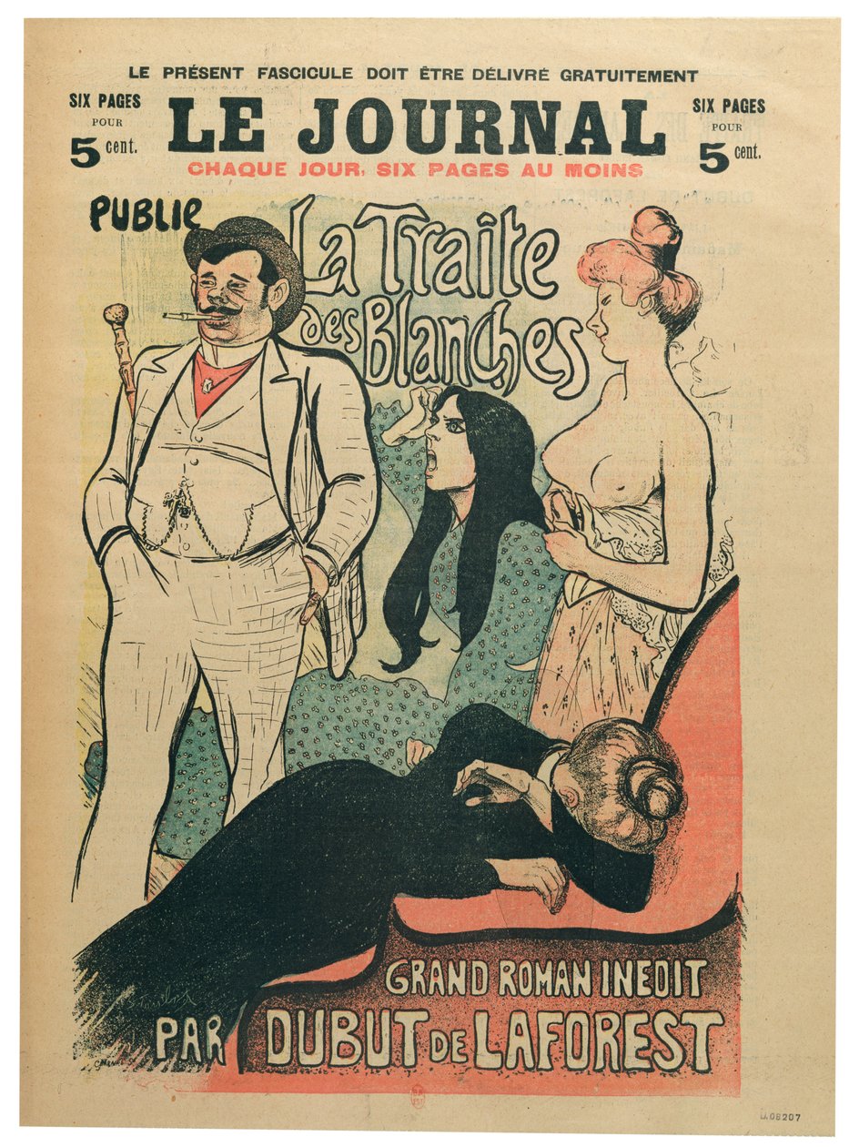quot;La Traite des Blanchesquot;، بقلم جان لويس دوبوت دو لافوريست (1853-1902)، غلاف quot;لو جورنالquot;، نهاية القرن التاسع عشر (ليثو ملون) بواسطة ثيوفيل الكسندر شتاينلين
