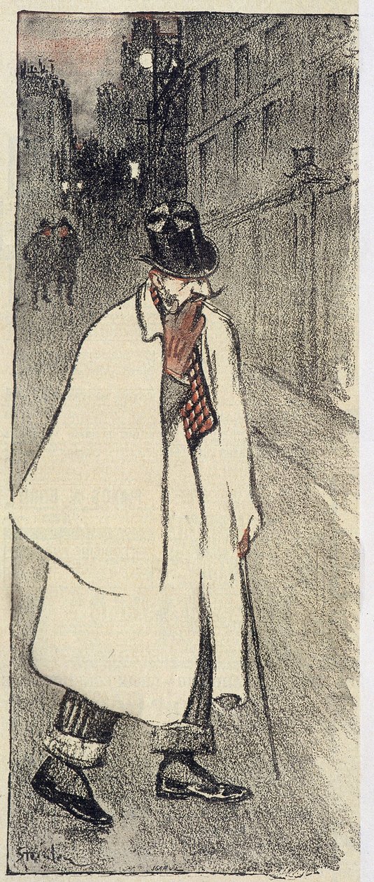 رجل على القمة ومعطف يمشي في الشارع - في "جيل بلاس" في نوفمبر 1894 بواسطة ثيوفيل الكسندر شتاينلين