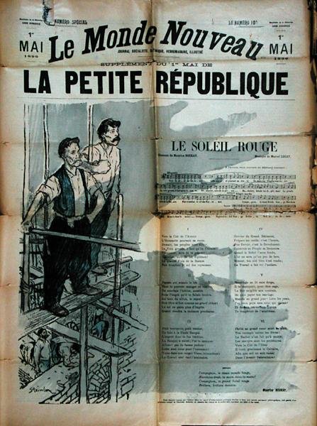 اثنان من عمال البناء يغنون أغنية "Le Soleil Rouge" ، الغلاف الأمامي لـ "La Petite Republique" بواسطة ثيوفيل الكسندر شتاينلين