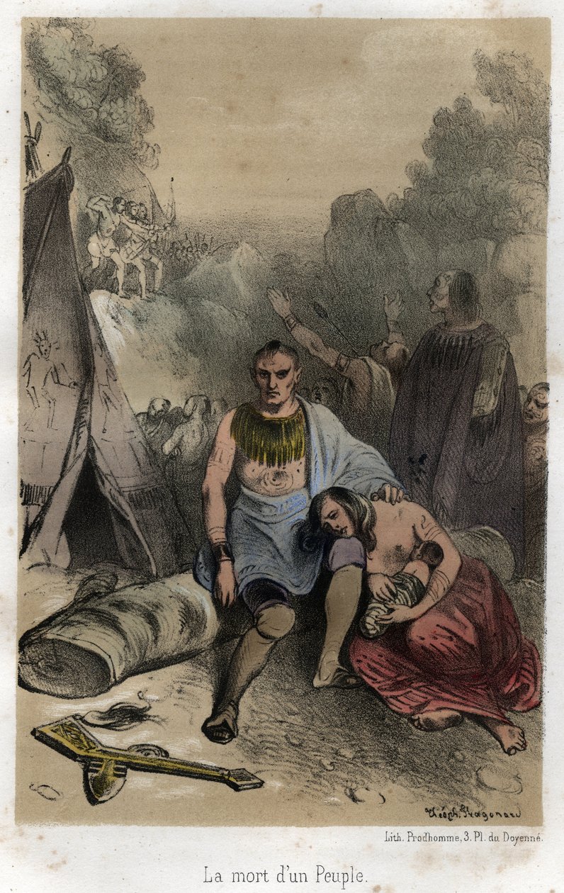 مذابح الهورون على يد الإيروكوا في كندا عام 1763 (معاهدة باريس). نقش من عام 1845 في "" التاريخ الدرامي والرائع لليسوعيين من تأسيس النظام حتى يومنا هذا "لأدولف باوتشر ، رسم بقلم ثيوفيل فراغونار بواسطة Theophile Evariste Fragonard