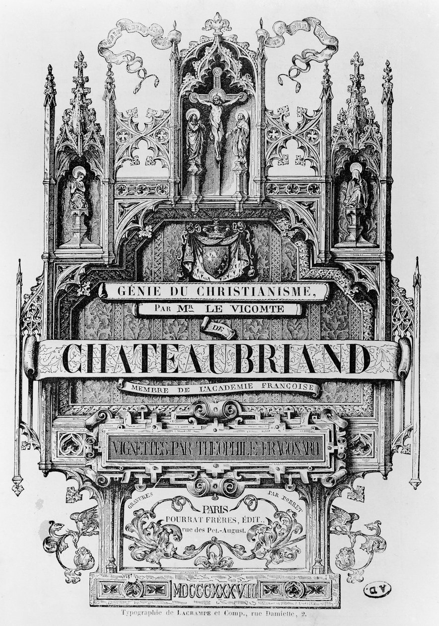 صفحة العنوان لـ "Le Genie du Christianisme" بقلم فرانسوا رينيه (1768-1848) Viscount of Chateaubriand ، منقوش بواسطة Henri Desire Porret ، 1838 بواسطة Theophile Evariste Fragonard