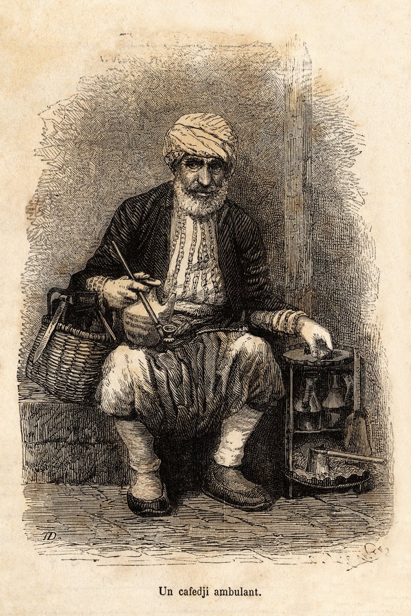 بائع مقهى (cafedji) يسافر في سوق Trebizonde (حاليًا طرابزون ، على ساحل البحر الأسود) ، نقشًا بعد رسم للراوي ، يوضح رحلة إلى Lazistan وأرمينيا ، عام 1869 ، بواسطة Theophile Deyrolle ، تم نشره في "" Le to بواسطة ثيوفيل لويس ديرول
