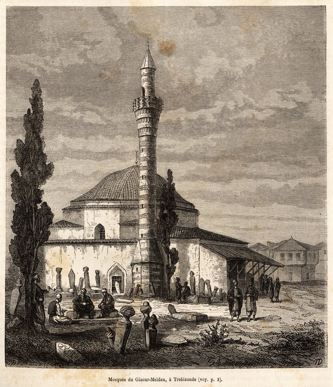 مسجد جياور ميدان (جياور ميدان) في طرابزون (طرابزون الحالية ، على ساحل البحر الأسود ، تركيا) ، والذي كان ذات يوم كنيسة بيزنطية ، نقش بعد رسم للراوي ، يوضح رحلة إلى لازيستان و أرمينيا ، 1869 ، بقلم بواسطة ثيوفيل لويس ديرول