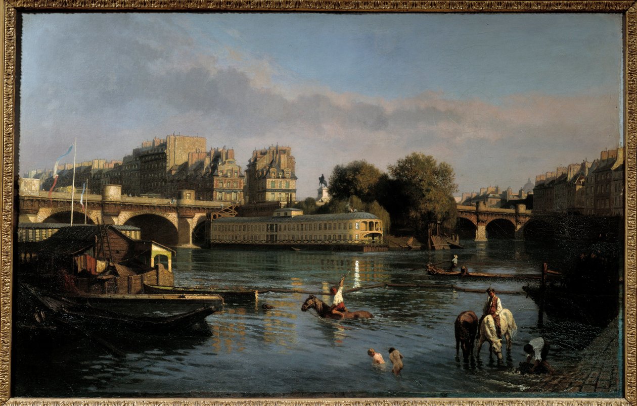 الجسر الجديد وطرف Ile de la Cite. منظر لباريس. لوحة لثيوفيل مونييه (1800-1884) بواسطة تيوفيل مونييه