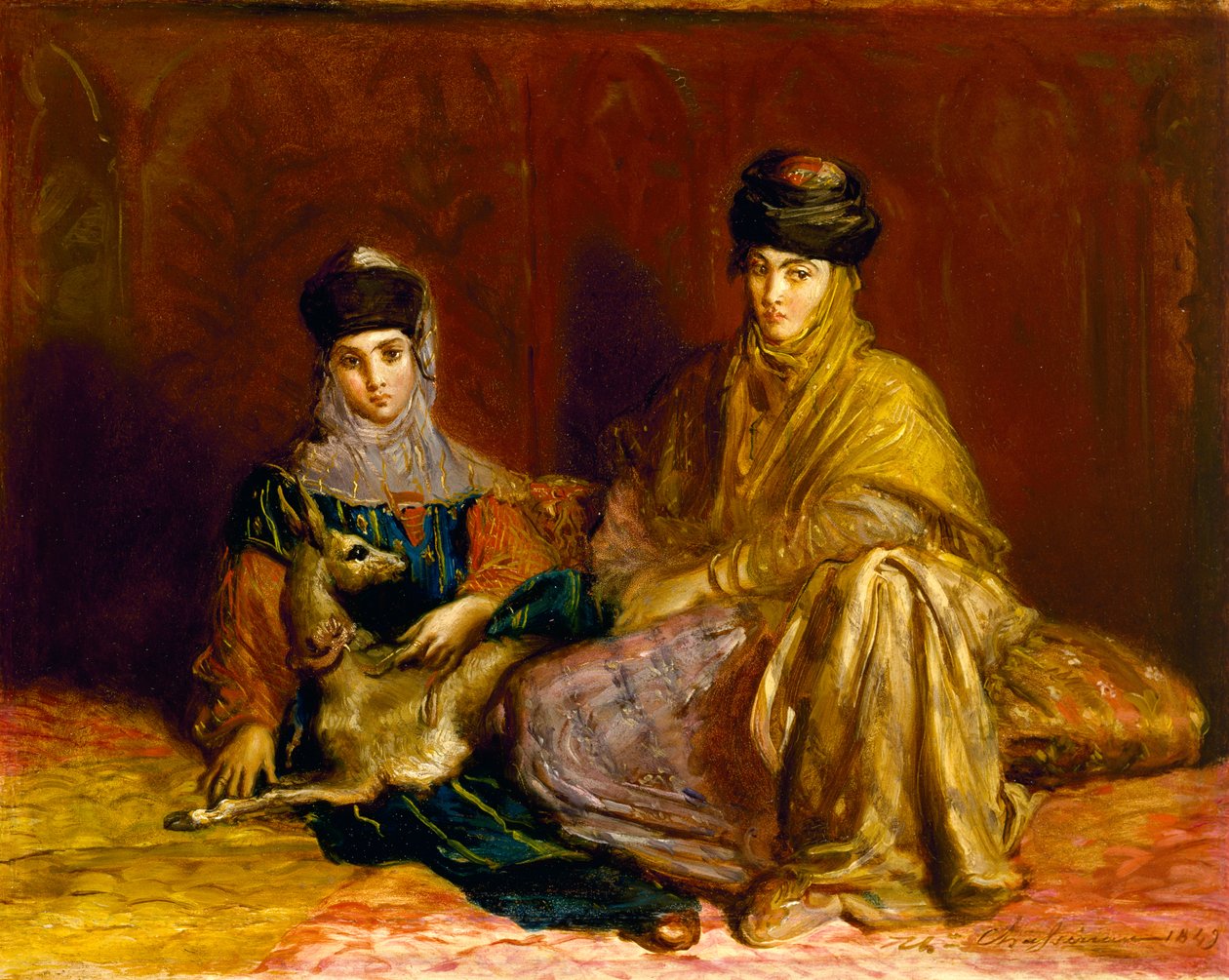 امرأة وفتاة صغيرة في قسنطينة مع غزال ، 1849 بواسطة تيودور شاسريو
