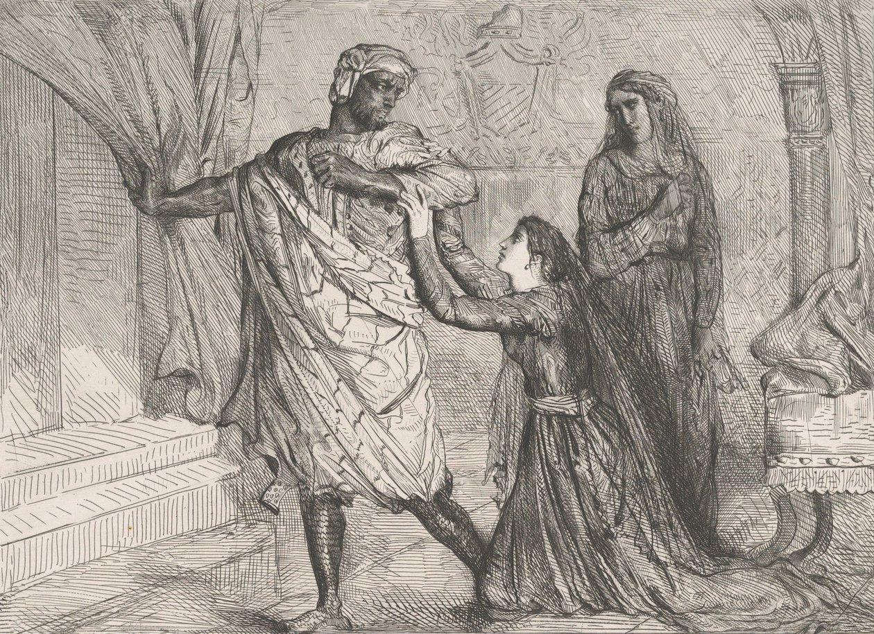 بعيدًا!: لوحة 7 من قانون عطيل 3 ، مشهد 4 ، محفور 1844 ، أعيد طبعه عام 1900. بواسطة تيودور شاسريو