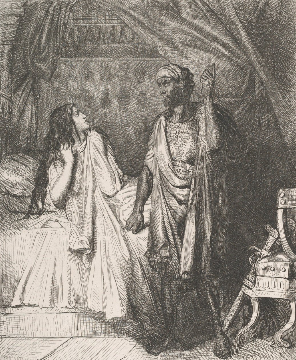 هل صليت الليلة ، ديديسمونا: اللوحة 12 من قانون عطيل 5 ، ... ، محفور 1844 ، أعيد طبعه عام 1900. بواسطة تيودور شاسريو