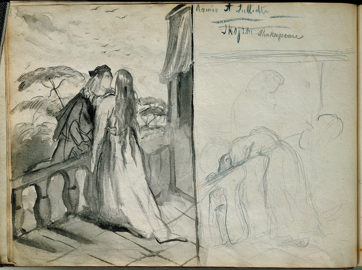 عشاق Les Romeo et Juliet رسم توضيحي للقطعة التي تحمل نفس الاسم لوليام شكسبير (1564-1616) والتي تمثل العشاق يقبلون على الشرفة. رسم لثيودور شاسيرو (1819-1856) باريس. متحف اللوفر بواسطة تيودور شاسريو