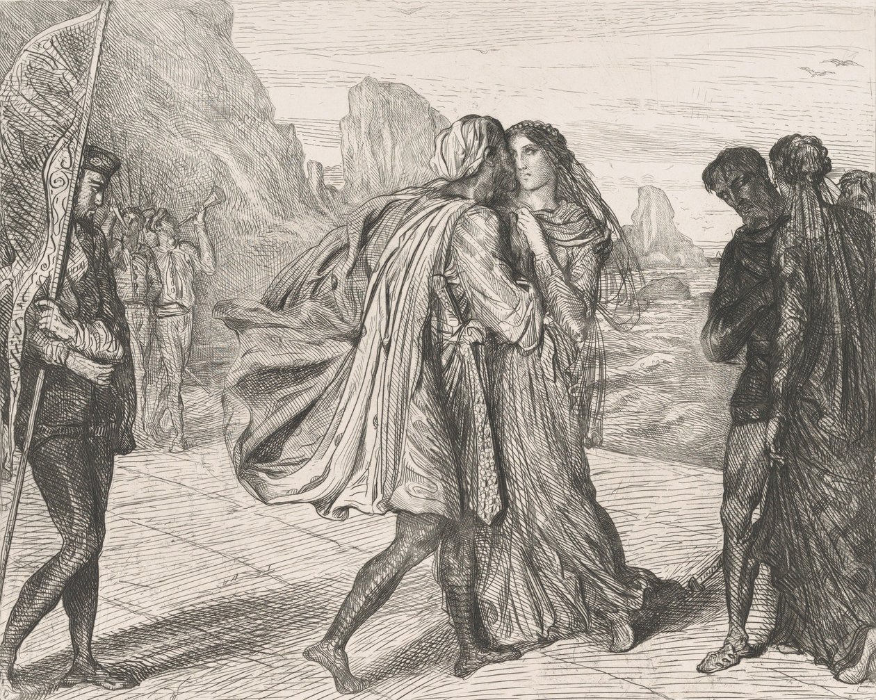 يا محاربي العادل!: اللوحة 5 من قانون عطيل 2 ، المشهد 1 ، محفور عام 1844 ، أعيد طبعه عام 1900. بواسطة تيودور شاسريو