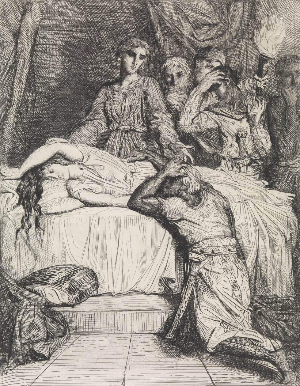 أوه! أوه! أوه !: اللوحة 14 من قانون عطيل 5 ، مشهد 2 ، محفور 1844 ، ص ... ، محفور 1844 ، أعيد طبعه عام 1900. بواسطة تيودور شاسريو